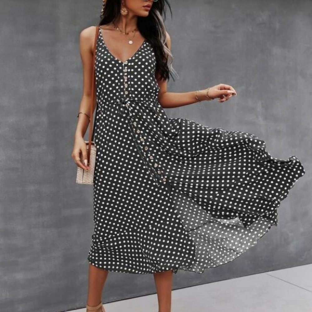 Boho Chic Button detail  Polka Dot Cami Dress - Picture 3 of 7